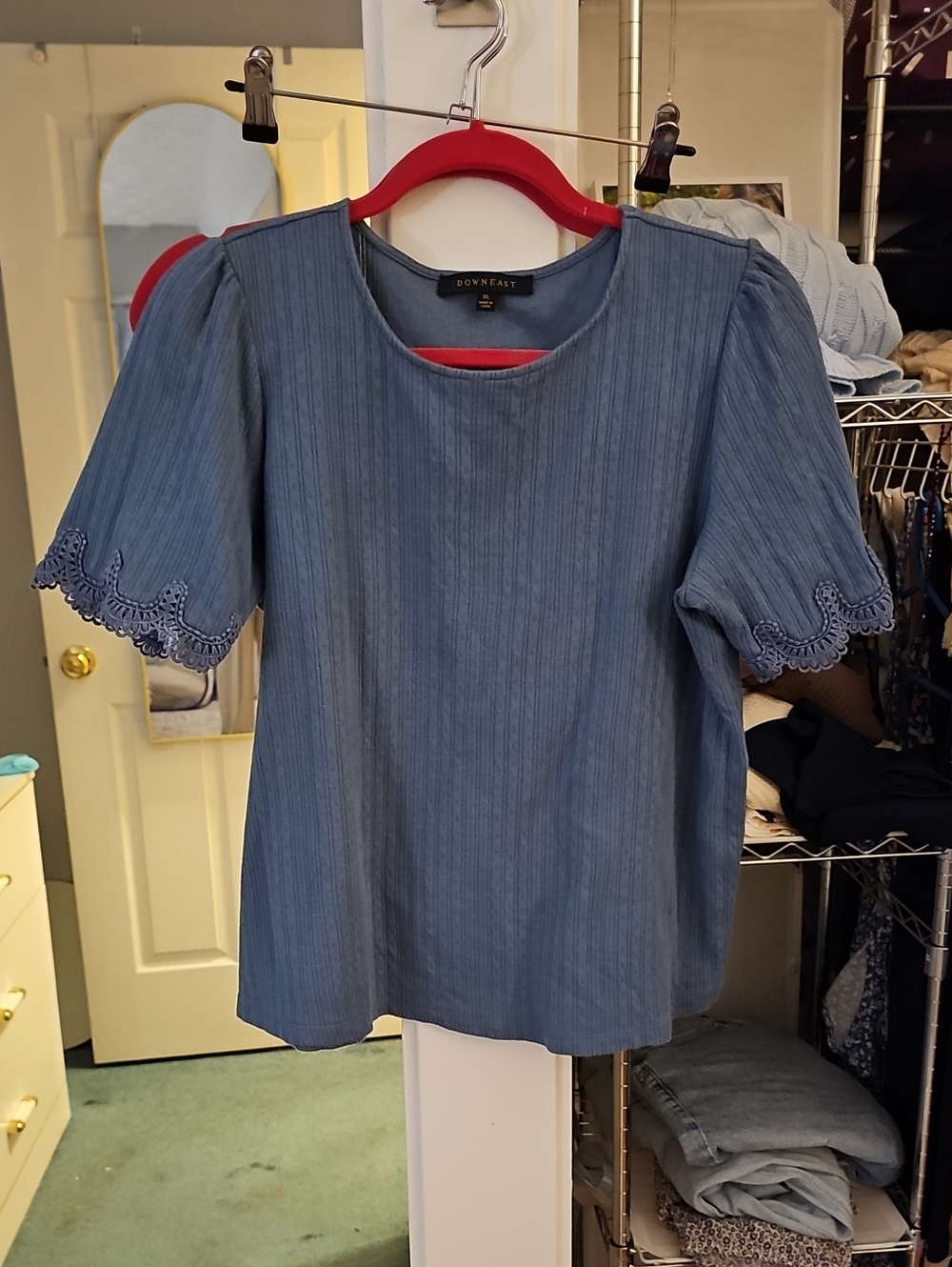 DownEast Blue Short Sleeve Top with Crochet-Trim Sleeves